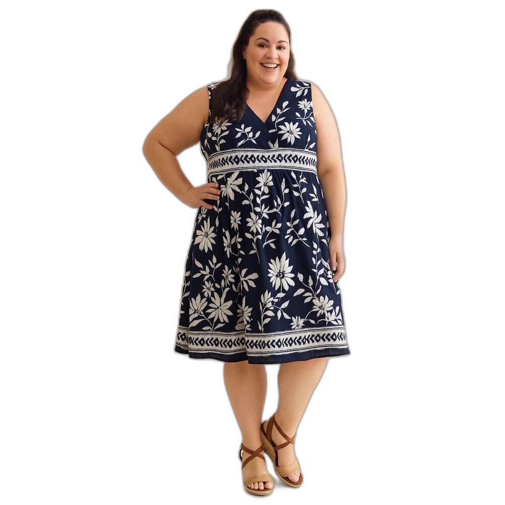 Chadwick’s 100% cotton floral v neck dress navy blue size 10